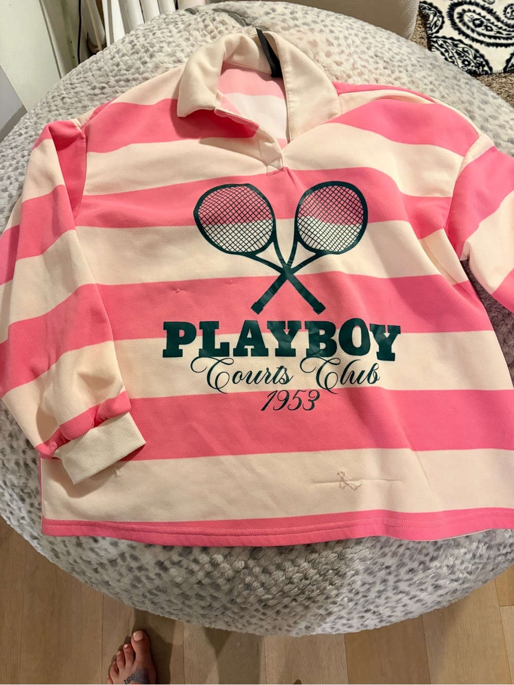 PLAYBOY Pink & Cream Striped Courts Club Rugby Shirt